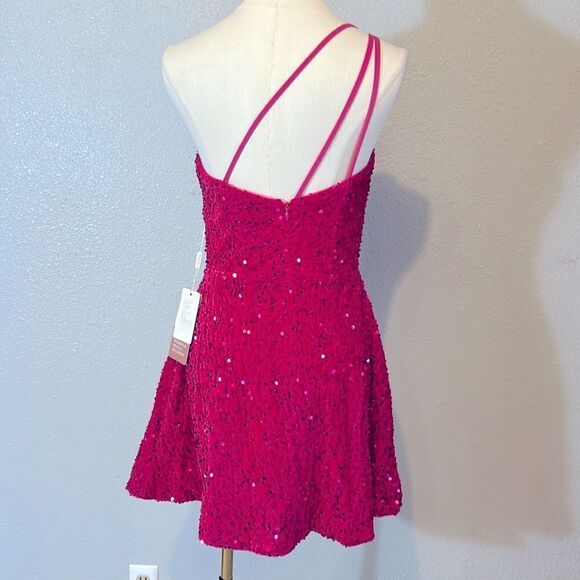 NEW A-line one shoulder sleeveless magenta color mini velvet sequins dress size4 - Picture 3 of 12